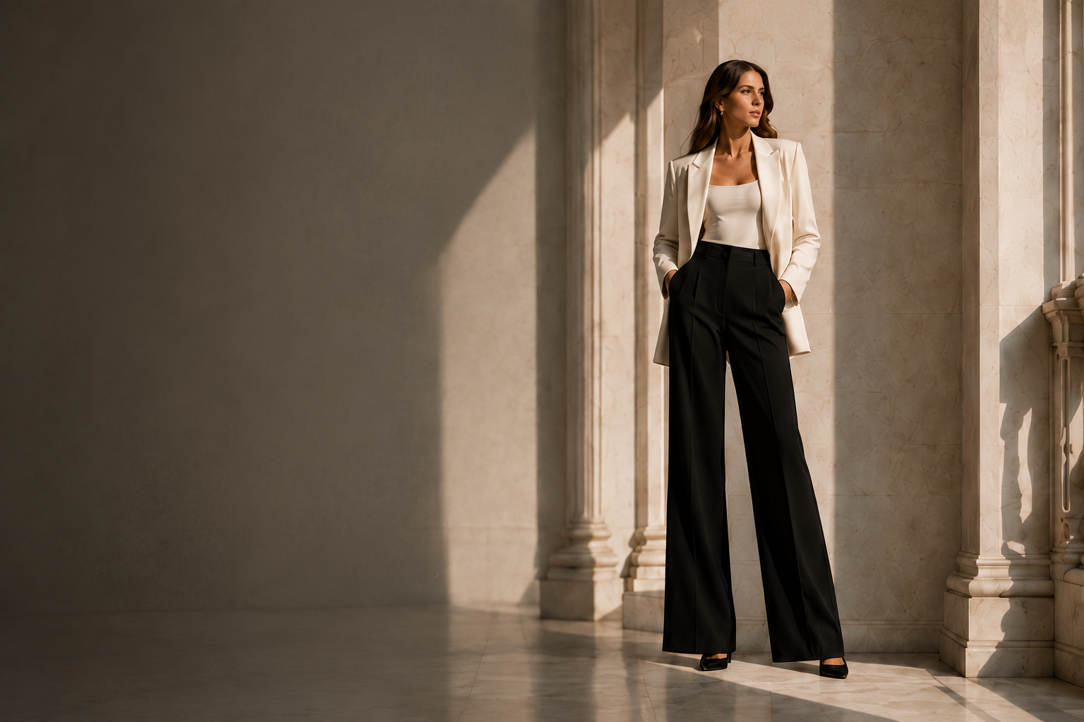 FIVE10 campaign model wearing long black tailored trousers